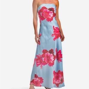 Strapless Light Blue Maxi Dress with Pink Floral Print